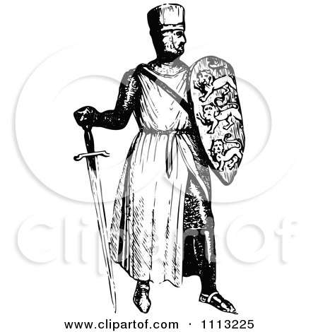 Clipart Vintage Black And White Medieval Knight On With A Shield And Sword 2 - Royalty Free Vector Illustration by Prawny Vintage