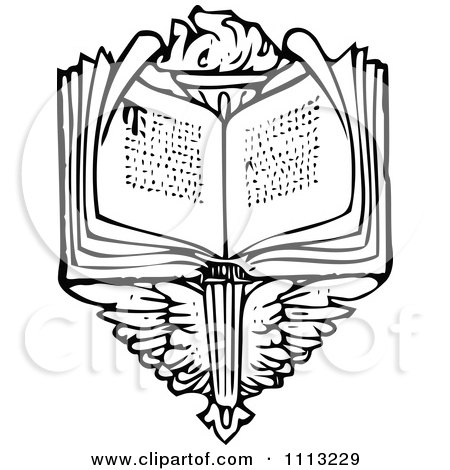 Clipart Vintage Black And White Open Book Over Wings And A Torch - Royalty Free Vector Illustration by Prawny Vintage