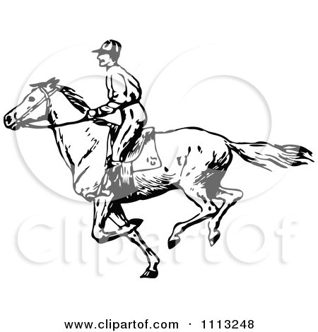 Clipart Vintage Black And White Jockey On A Galloping Horse 3 - Royalty Free Vector Illustration by Prawny Vintage