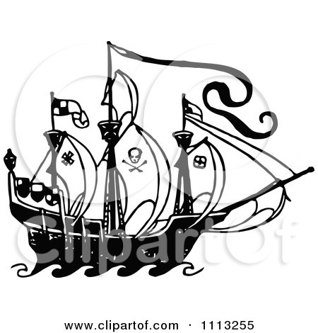 Clipart Black And White Pirate Ship 1 - Royalty Free Vector Illustration by Prawny Vintage