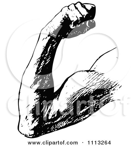 Clipart Vintage Black And White Arm Flexing A Bicep Muscle - Royalty