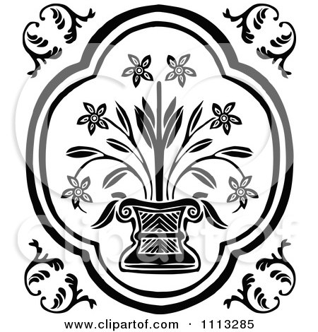 Clipart Vintage Black And White Potted Flowering Plant Design Element - Royalty Free Vector Illustration by Prawny Vintage