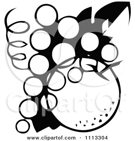 Clipart Retro Black And White Logo Of Grapes And An Apple Or Orange - Royalty Free Vector Illustration by Prawny Vintage
