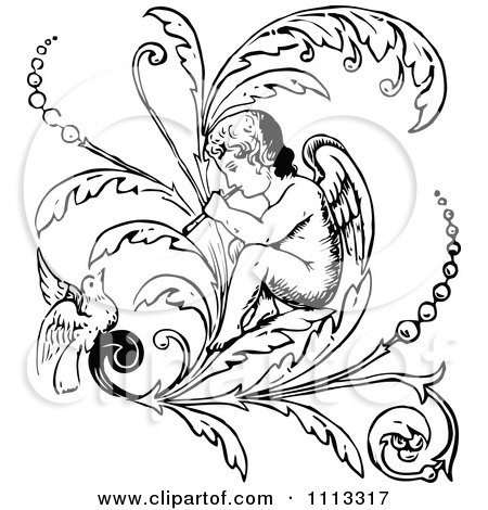 Clipart Vintage Black And White Cherub Playing A Flute On A Flourish With A Bird - Royalty Free Vector Illustration by Prawny Vintage