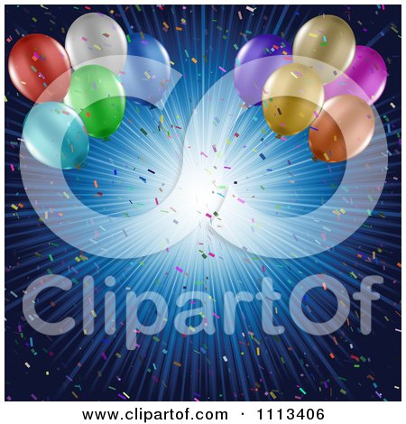 Clipart 3d Party Balloons And Confetti Over A Blue Burst Of Rays - Royalty Free Vector Illustration by KJ Pargeter