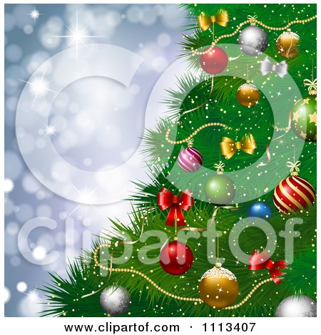 Clipart Christmas Tree With Colorful Baubles Over Bokeh Lights - Royalty Free Vector Illustration by KJ Pargeter