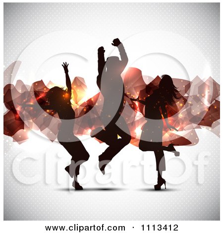Clipart Silhouetted Dancers Against Abstract Floating Shards On Gray - Royalty Free Vector Illustration by KJ Pargeter