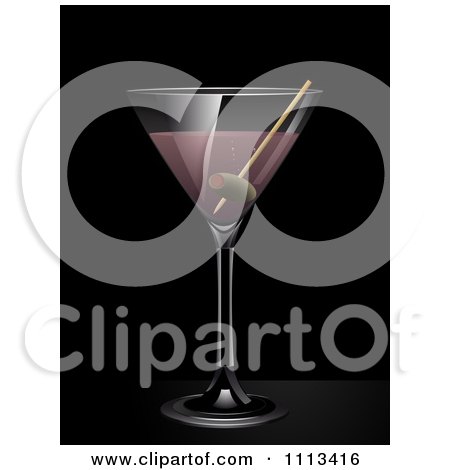 Clipart Pink Gin Cocktail And Olive On Black - Royalty Free Vector Illustration by elaineitalia