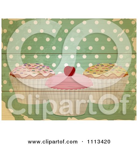 Clipart Retro Cupcakes Over Green Wood Planks With Polka Dots - Royalty Free Vector Illustration by elaineitalia