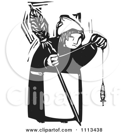 Clipart Woman Holding A Spindle Black And White Woodcut - Royalty Free Vector Illustration by xunantunich