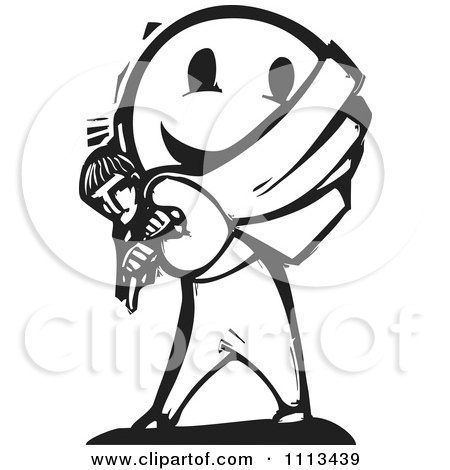 Clipart Man Carrying A Happy Face On His Back Black And White Woodcut - Royalty Free Vector Illustration by xunantunich