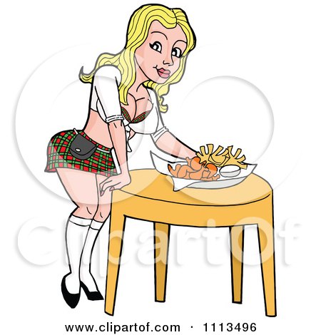 Clipart Sexy Blond Breastaurant Waitress In A Skirt Setting Beer And Fries On A Table - Royalty Free Vector Illustration by LaffToon