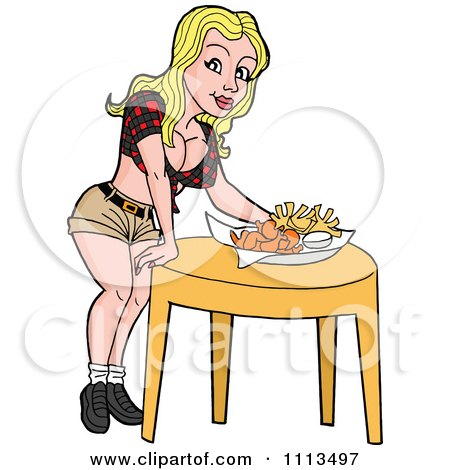 Clipart Sexy Blond Breastaurant Waitress Setting Beer And Fries On A Table - Royalty Free Vector Illustration by LaffToon