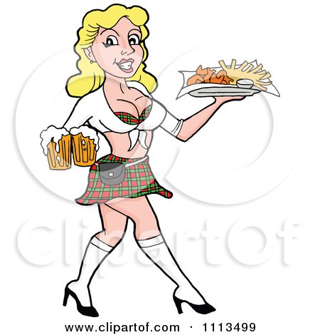 Clipart Sexy Blond Breastaurant Waitress In A Skirt Carrying Beer And Fries - Royalty Free Vector Illustration by LaffToon