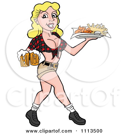 Clipart Sexy Blond Breastaurant Waitress In Shorts Carrying Beer And Fries - Royalty Free Vector Illustration by LaffToon