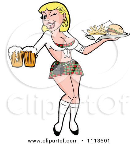 Clipart Winking Flirty Blond Breastaurant Waitress In A Skirt Carrying Beer And Fries - Royalty Free Vector Illustration by LaffToon