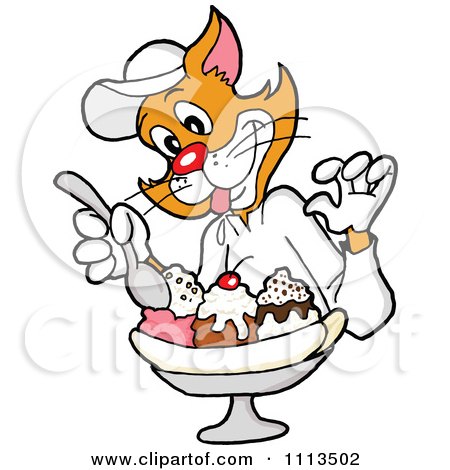 Clipart Ginger Cat Eating A Banana Split- Royalty Free Vector Illustration by LaffToon