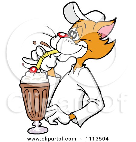 Clipart Ginger Cat Drinking A Chocolate Milkshake - Royalty Free Vector Illustration by LaffToon