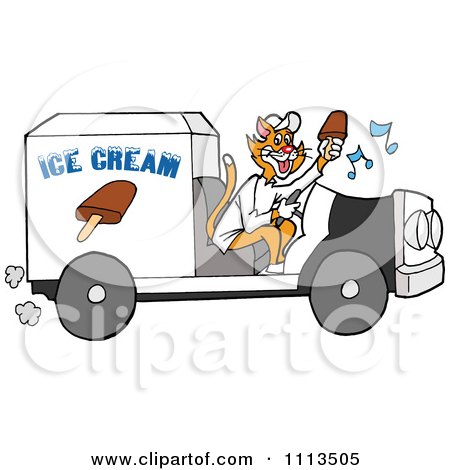 Clipart Ginger Cat Holding A Fudgesicle And Driving An Ice Cream Truck - Royalty Free Vector Illustration by LaffToon
