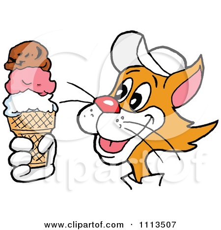 Clipart Ginger Cat Holding A Triple Scoop Ice Cream Cone - Royalty Free Vector Illustration by LaffToon