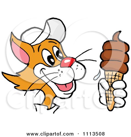 Clipart Ginger Cat Holding A Chocolate Waffle Ice Cream Cone - Royalty Free Vector Illustration by LaffToon