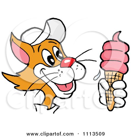 Clipart Ginger Cat Holding A Strawberry Waffle Ice Cream Cone - Royalty Free Vector Illustration by LaffToon