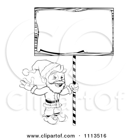 Clipart Outlined Santa Waving And Holding Up A Christmas Sign - Royalty Free Vector Illustration by AtStockIllustration