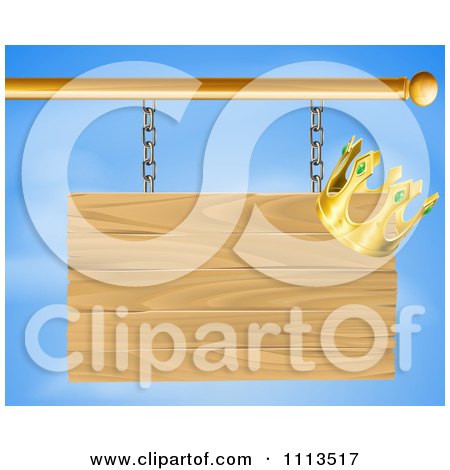 Clipart 3d Wooden Shingle Sign With A Crown Over A Blue Sky - Royalty Free Vector Illustration by AtStockIllustration