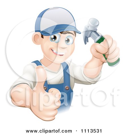 Clipart Happy Handy Man Holding A Hammer And Thumb Up - Royalty Free Vector Illustration by AtStockIllustration
