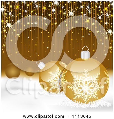 Clipart Golden Christmas Background With 3d Baubles In Snow And Streaks - Royalty Free Vector Illustration by dero