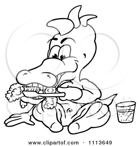Clipart Outlined Crocodile Brushing His Teeth - Royalty Free Vector Illustration by dero