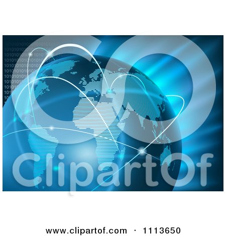 Clipart Blue Globe With Communications Hops Over Binary And Light - Royalty Free Vector Illustration by dero