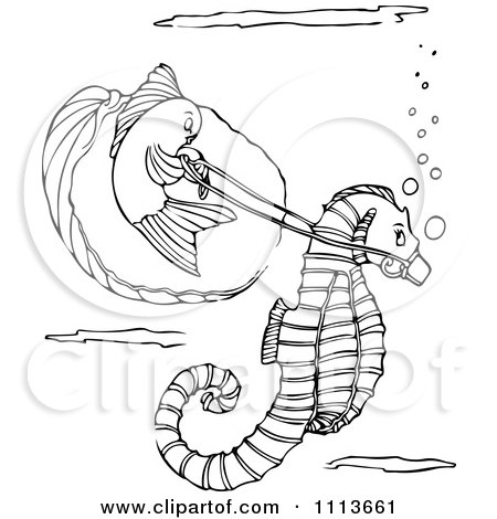 Clipart Vintage Black And White Fish Riding A Seahorse - Royalty Free Vector Illustration by Prawny Vintage