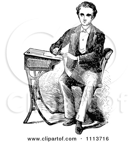 Clipart Vintage Black And White Victorian School Boy Writing At A Desk - Royalty Free Vector Illustration by Prawny Vintage