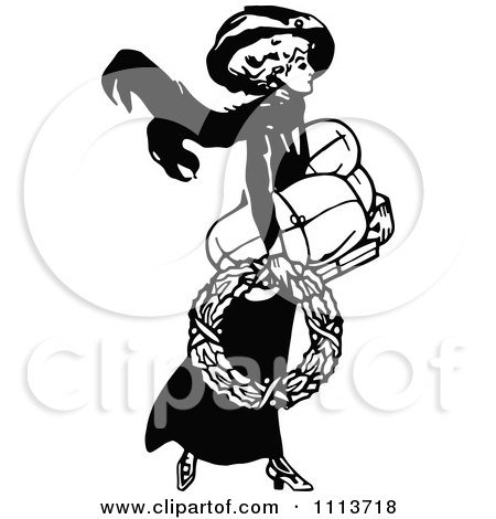 Clipart Vintage Black And White Lady Carring A Wreath And Shopping Packages - Royalty Free Vector Illustration by Prawny Vintage