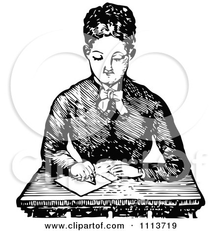 Clipart Vintage Black And White Female Teacher Writing At A Desk - Royalty Free Vector Illustration by Prawny Vintage