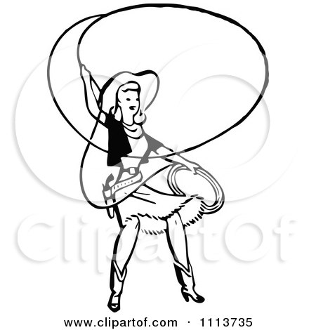 Clipart Retro Black And White Cowgirl Swining A Lariat - Royalty Free Vector Illustration by Prawny Vintage