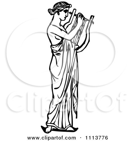 Clipart Vintage Black And White Ancient Musican Playing A Harp 1 - Royalty Free Vector Illustration by Prawny Vintage