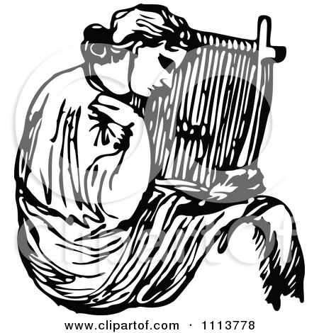 Clipart Vintage Black And White Ancient Musican Playing A Harp 3 - Royalty Free Vector Illustration by Prawny Vintage