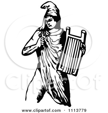 Clipart Vintage Black And White Ancient Musican Playing A Harp 4 - Royalty Free Vector Illustration by Prawny Vintage
