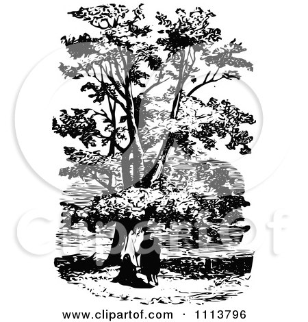Clipart Vintage Black And White People Under A Plane Tree - Royalty Free Vector Illustration by Prawny Vintage