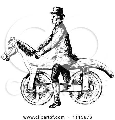 Clipart Vintage Black And White Man On A Horse Bicycle - Royalty Free Vector Illustration by Prawny Vintage