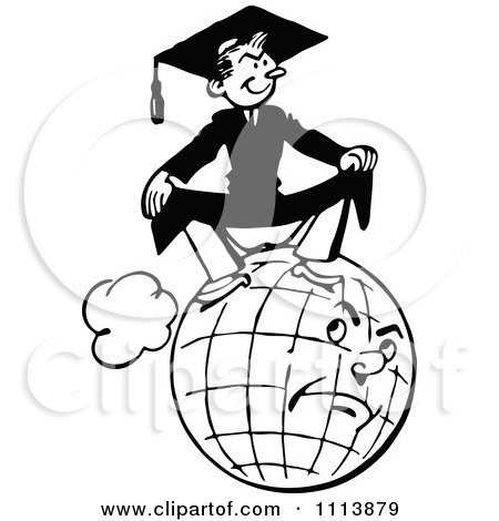 Clipart Vintage Black And White Graduate Sitting On A Grumpy Globe - Royalty Free Vector Illustration by Prawny Vintage