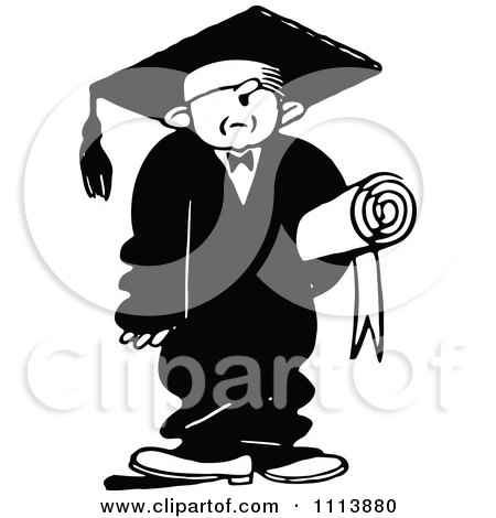 Clipart Vintage Black And White Graduate In A Big Cap And Gown - Royalty Free Vector Illustration by Prawny Vintage
