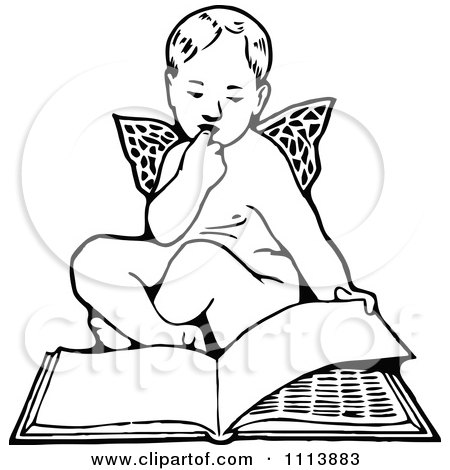 Clipart Vintage Black And White Cherub Reading A Book - Royalty Free Vector Illustration by Prawny Vintage