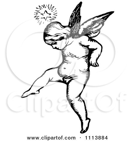 Clipart Vintage Black And White Cherub Leaping - Royalty Free Vector Illustration by Prawny Vintage