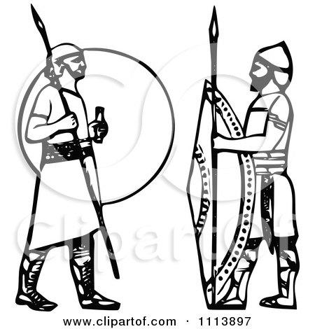 Clipart Vintage Black And White Ancient Assyrian Spearmen Guards - Royalty Free Vector Illustration by Prawny Vintage