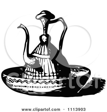 Clipart Vintage Black And White Oriental Ewer In A Basin - Royalty Free Vector Illustration by Prawny Vintage