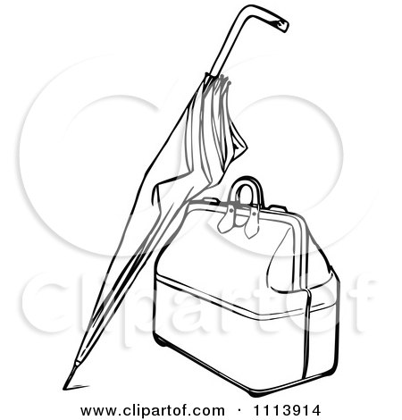 Clipart Vintage Black And White Umbrella Leaning Against A Bag - Royalty Free Vector Illustration by Prawny Vintage