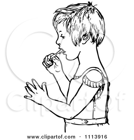 Clipart Vintage Black And White Boy Brushing His Teeth - Royalty Free Vector Illustration by Prawny Vintage
